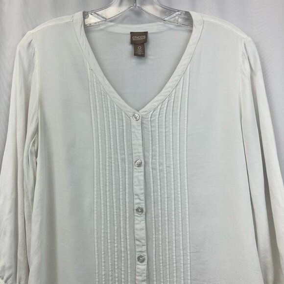 Chicos Women Button-up Blouse White 3/4 Sleeve V Neck Pin Tucks Crochet Lace S/0 - Picture 2 of 11